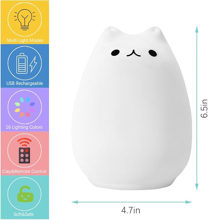 Litake Cute Cat Night Light, Squishy 16 Colors Changing Cat Lamp with Remote, Kitty Cat Touch Light, Silicone Baby Nightlight for Kids,Christmas Gifts for Kids Girls Boys Teen Room Decor Multi-Mode