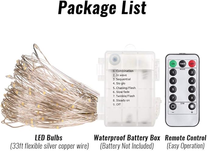 ANJAYLIA 2 Pack 33ft 100 LED Fairy Lights Battery Operated, Waterproof Twinkle String Lights, Copper Wire Dimmable Firefly Lights with Remote Control Timer, Warm White