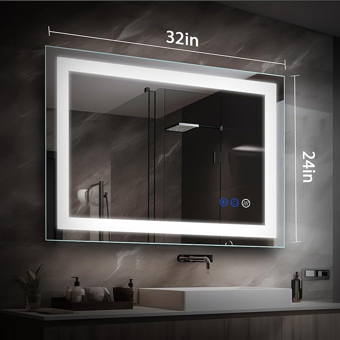 32x24 LED Bathroom Mirror with Lights LED Mirror for Bathroom Smart Vanity Makeup Mirror,Anti-Fog,Stepless Dimmable with Adjustable Color,Touch Switch,Memory Function,Shatterproof Design