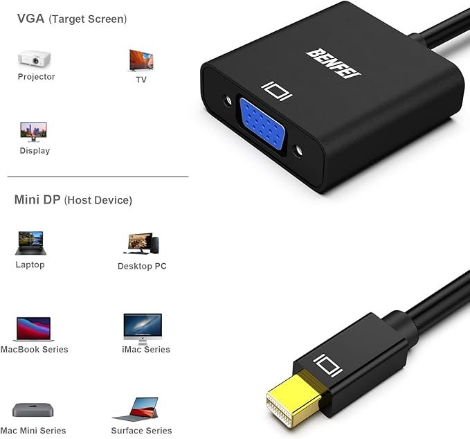 BENFEI Mini DisplayPort to VGA Adapter, Mini DP Display Port to VGA (Thunderbolt Compatible) Male to Female Adapter for ThinkPad SurfacePro PC
