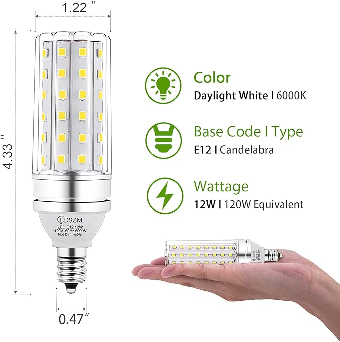 E12 LED Corn Light Bulbs, 12W Equivalent 100W, 1200 Lumen 6000K Cool Daylight White, Non-Dimmable Candelabra Base Chandelier Lights, Pack of 3