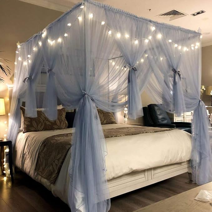 Joyreap 4 Corners Post Canopy Bed Curtain for Girls & Adults - Royal Luxurious Cozy Drape Netting - Cute Princess Bedroom Decoration Accessories(Gray-Blue, Twin)