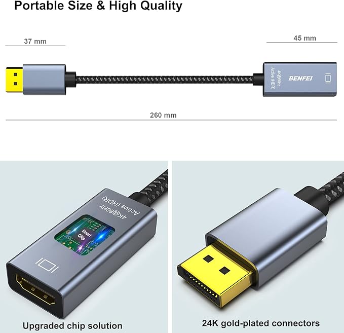 BENFEI Active DisplayPort to HDMI Adapter 4K@60Hz, Compatible with PC,Laptops, Desktop, Tablets, or DisplayPort Docking Stations, Supporting Eyefinity for Multi-Screen Gaming