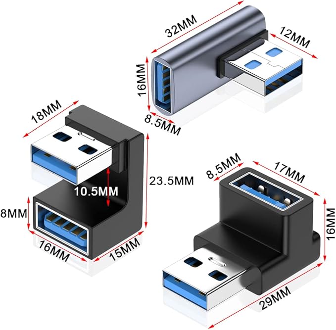 90 Degree USB 3.0 Adapter, Up & Down Left Angle / 180 Degree USB A Male to Female Converter Extender, L/U Shape 10Gbps Data Transfer Connector