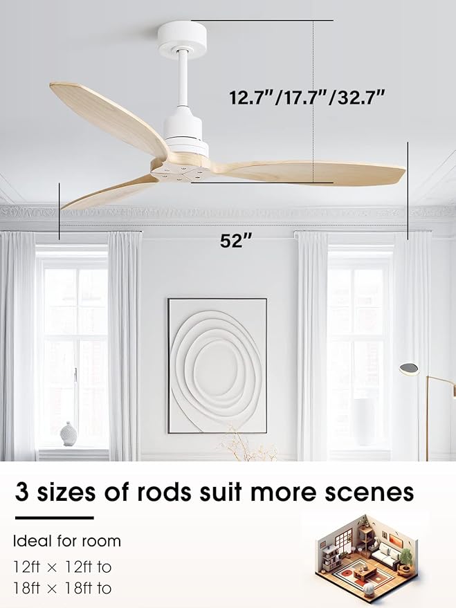 Sofucor Ceiling Fan without Lights, 52 Inch Low Profile Flush Mount Mordern Wood Ceiling Fan with Remote for Indoor Farmhouse Bedroom Living Room Outdoor Patio Porch, Reversible DC Motor, Noiseless