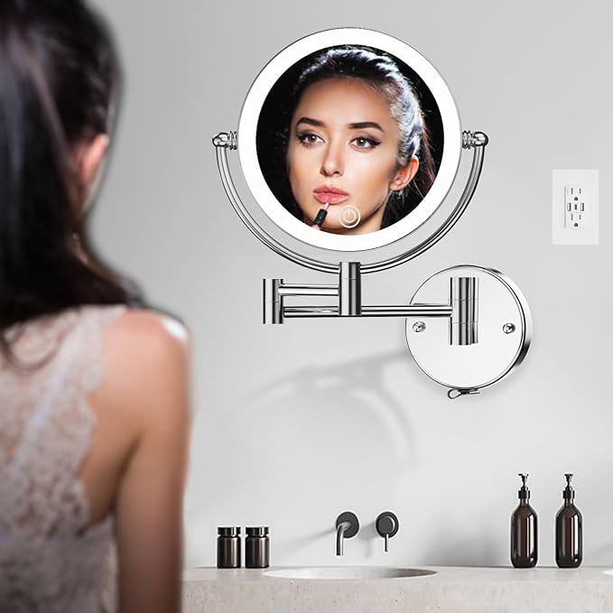 Wall Mounted Makeup Mirror with Lights and 10X Magnification, 8 Inches Rechargeable Double Sided Magnifying, Touch Dimmable Extended Arm 360 Rotation, Foldable Vanity Mirror for Bathroom