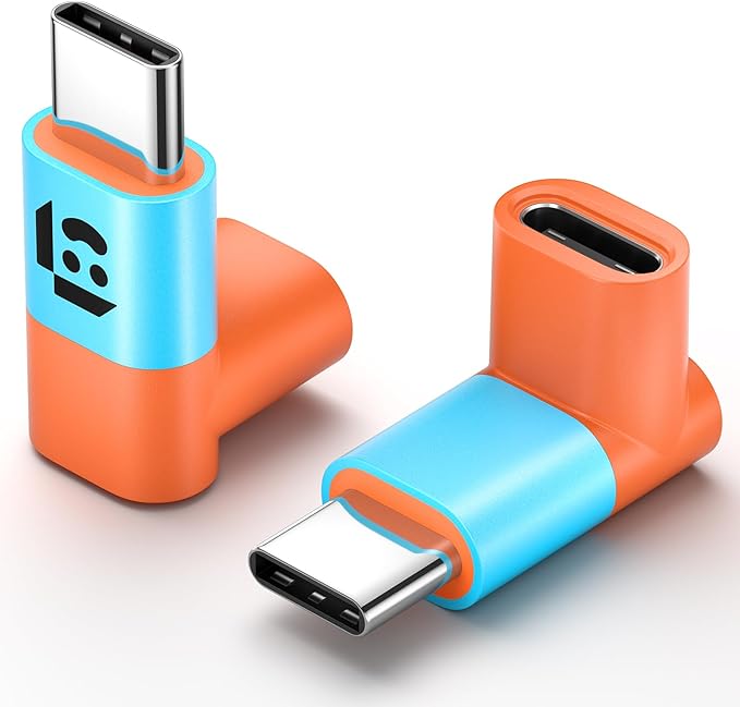 JSAUX 90 Degree USB C to USB C Adapter 2-Pack, 100W 40Gbps Data Transfer Right Angle Type-C Adapter for Steam Deck, Switch 2, ROG Ally, iPhone 15/16/17/Air, Tablets, Laptops & Phones - Blue&Orange