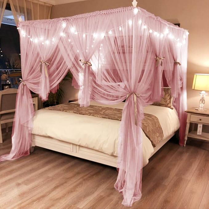 Joyreap 4 Corners Post Pink Canopy Bed Curtain for Girls & Adults - Twin Size Royal Luxurious Cozy Drape Netting- Cute Princess Bedroom Decoration Accessories