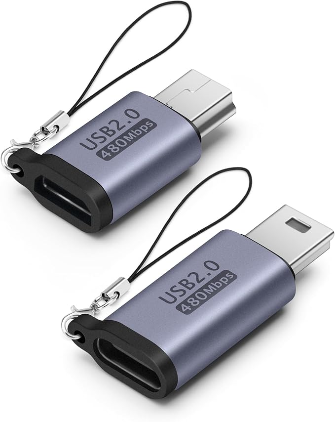USB-C/Micro USB to Mini-USB Adapter (2-Pack), Data Transfer and Interface Conversion, Charging - Grey