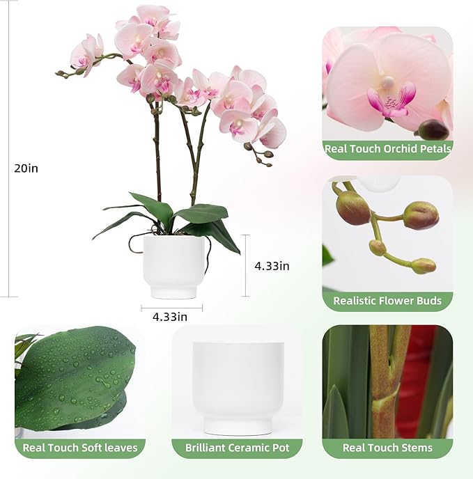 CXGS Orchids Artificial Flowers Real Touch Fake Flowers in Ceramic Pot 20" Pink Faux Orchid Plant Lifelike Silk Phalaenopsis for Centerpiece Hotel Home Indoor Decor