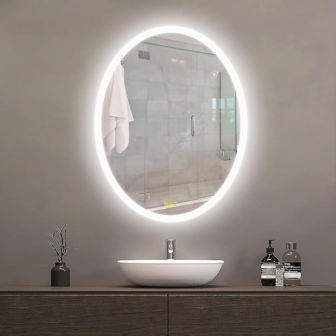 Wall-Mounted LED Oval Bathroom Mirror, Makeup Mirror (32 inches x 24 inches,) 3 Color Stepless Dimmable Memory Bathroom Vanity Mirror with Lights CRI90+ 3000-6400K Smart Mirror with Touch