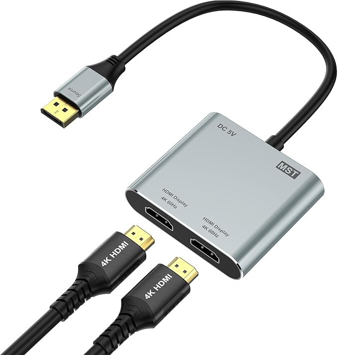 DisplayPort to Dual HDMI Adapter, 4K@60Hz HDMI Splitter Extended Display 1 in 2 Out MST Hub for Dual Monitors, Display Port to HDMI Splitter for PC, NVIDIA, AMD Graphic Card