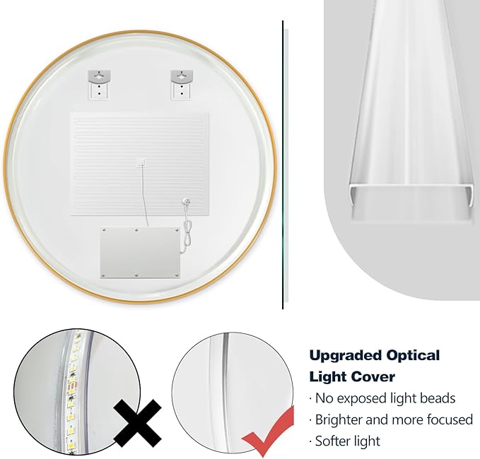 Niccy Round Led Mirror for Bathroom, 30" Backlit Mirror for Wall Circle Lighted Mirror with Gold Frame Anti-Fog, 3 Colors, HD Glass and IP65 Waterproof