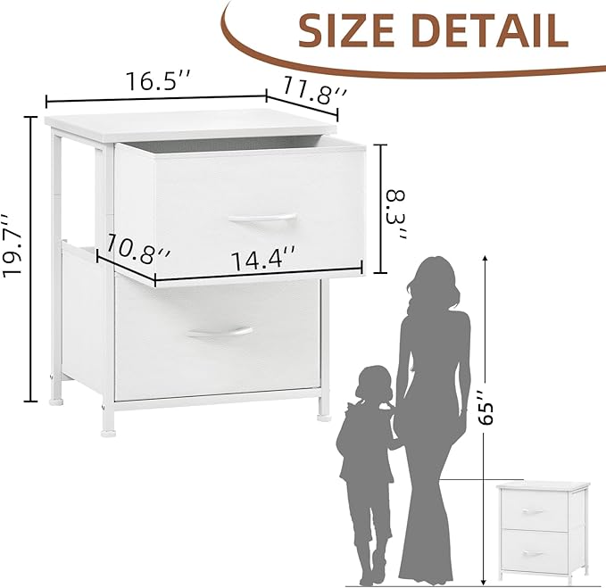 Somdot Nightstand, Small Dresser for Bedroom with 2 Drawers, Bedside Table Night Stand End Table with Fabric Bins for Bedroom Kids Closet Dorm Guest Room, White Leather