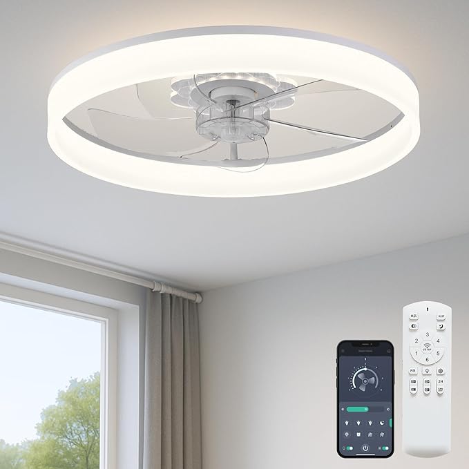 20'' Ceiling Fan with Light, Upgraded Low Profile Fan, Flush Mount Ceiling Fan, 6 Speeds, Dimmable LED, App & Remote Control, Quiet DC Motor, for Bedroom, Living Room, F116 White