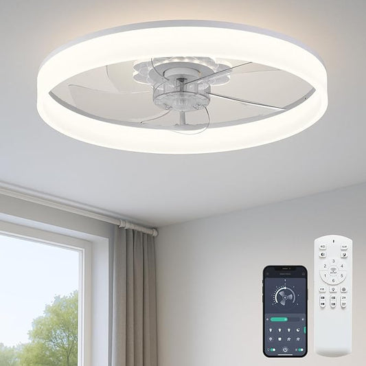 20'' Ceiling Fan with Light, Upgraded Low Profile Fan, Flush Mount Ceiling Fan, 6 Speeds, Dimmable LED, App & Remote Control, Quiet DC Motor, for Bedroom, Living Room, F116 White