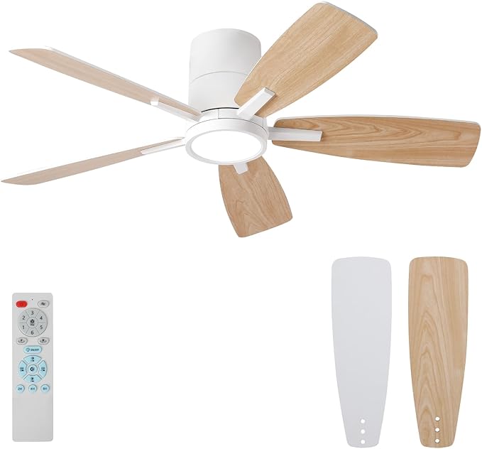 TALOYA 42 inch Ceiling Fans with Lights Remote Control, Modern Low Profile Ceiling Fan with Ultra Quiet Reversible DC Motor,Flush Mount Ceiling Fan for Bedroom Living Room