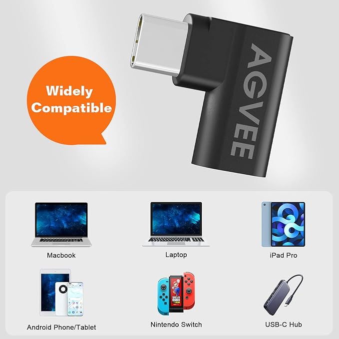 AGVEE 4 Pack Side Angle 90 Degree USB-C Male to USB-C Right Angled Female Adapter (Type-C 3.2 Gen 2) Converter Video Type-C 10G Data Extension Coupler Converter Connector, Black