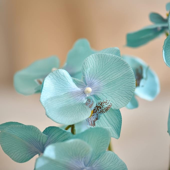 Large Artificial Potted Orchid Plant, Silk Flower Arrangement with Ceramics Vase, Golden Blue