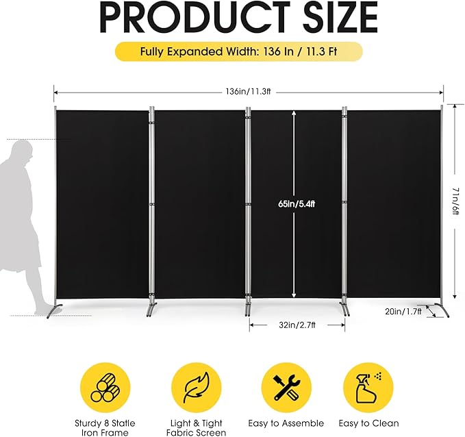 RANTILA 4 Panel Room Divider, 6 Ft Tall Folding Privacy Screen Room Dividers, Freestanding Room Partition Wall Dividers, 136''W x 20''D x 71''H, Black