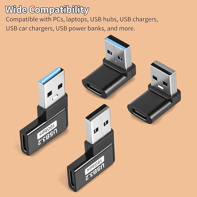 90 Degree USB to USB C Adapter (4 Pack), Up and Down Angle, Left and Right Angle A Male to Type C Female Extender Connector Vertical and Horizontal Port Changer for PC, Laptop, Power Bank