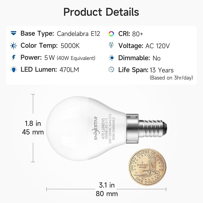 SHINESTAR 6-Pack Ceiling Fan Light Bulbs, Small Base, 120V 40W Equivalent, 5000K Daylight, E12 LED Candelabra Bulb, A15 Shape, Non-Dimmable