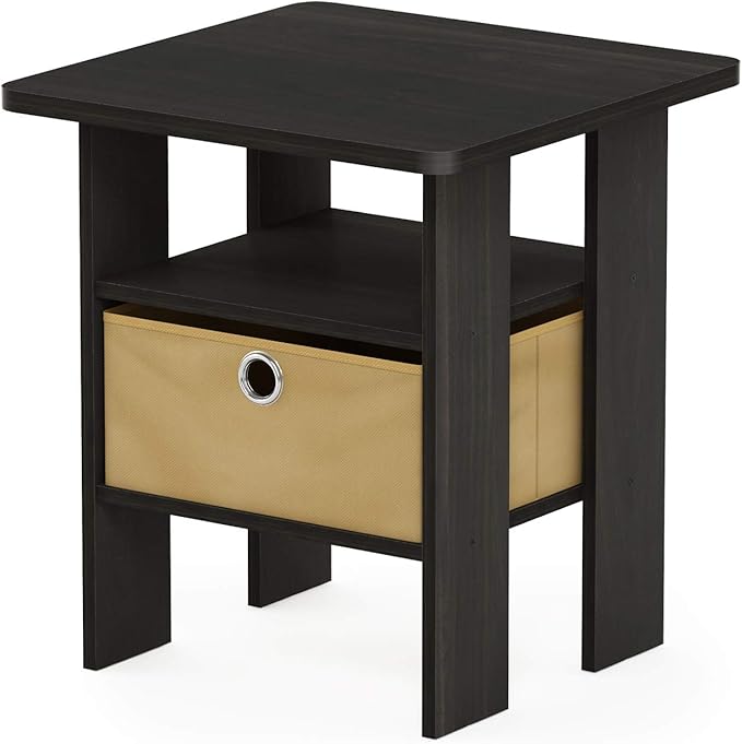 Furinno ANDREY Side Table, End Table, Night Stand with Open Shelves and Storage Bin, Bedside Table, for Living Room, Bedroom, Dark Espresso