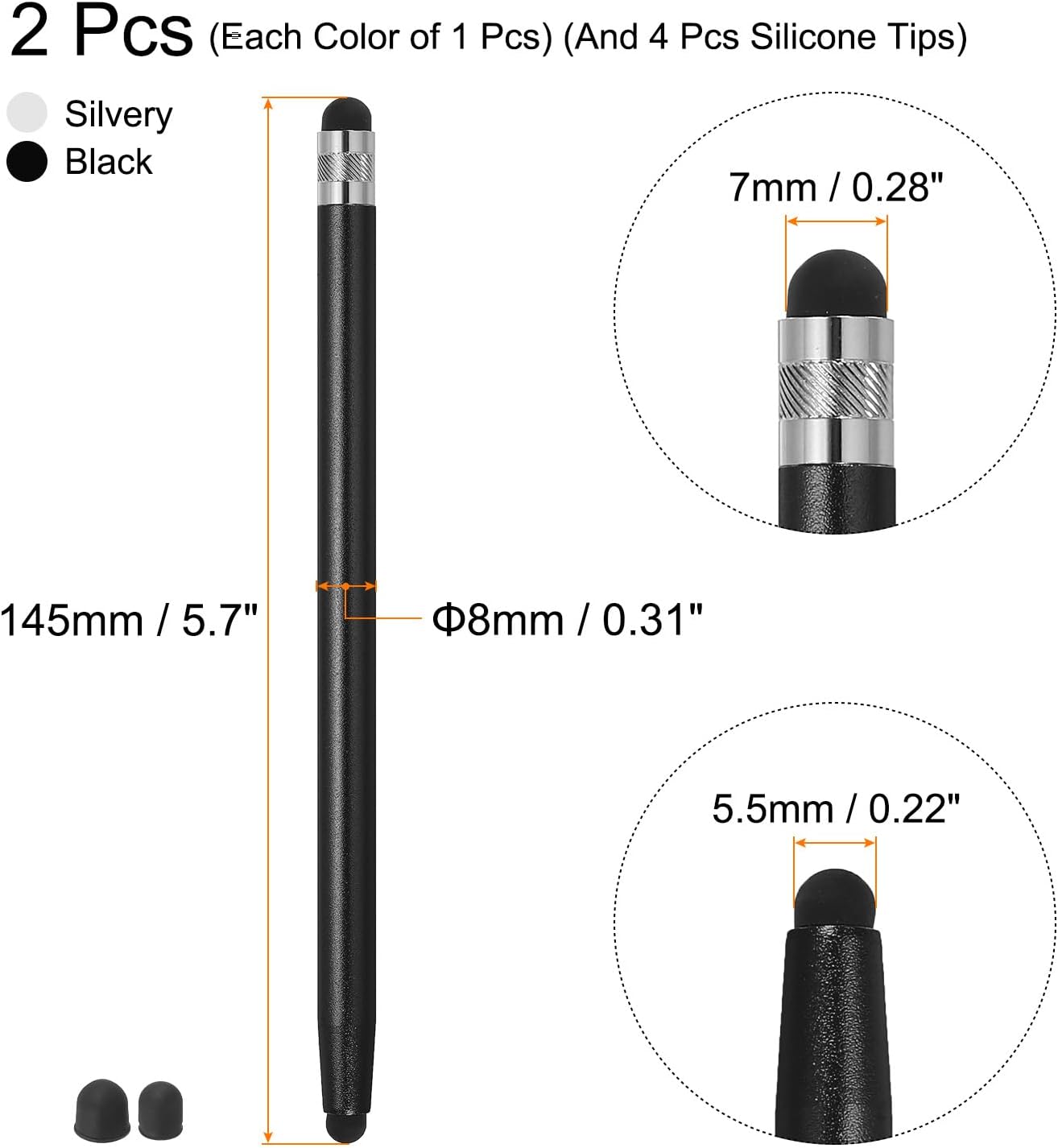 MECCANIXITY 2pcs Stylus Pens for Touch Screens with 4 Extra Tips, Dual Rubber Tips, Universal Tablet Pen (Black Silver).