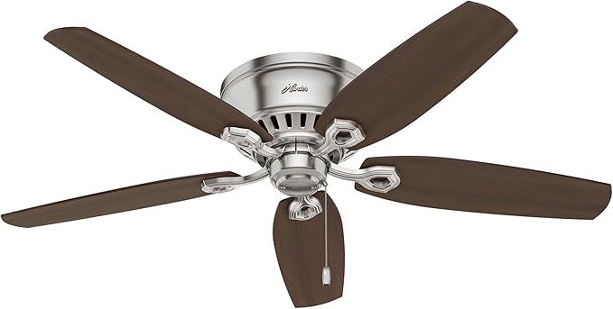 Hunter 52 inch Indoor Ceiling Fan with LED Lights - Ceiling Fan with Pull Chain, For Bedroom, Living Room, or Kitchen, Low Profile Mount, No Remote, 5 Blades - Builder 53328, Brushed Nickel