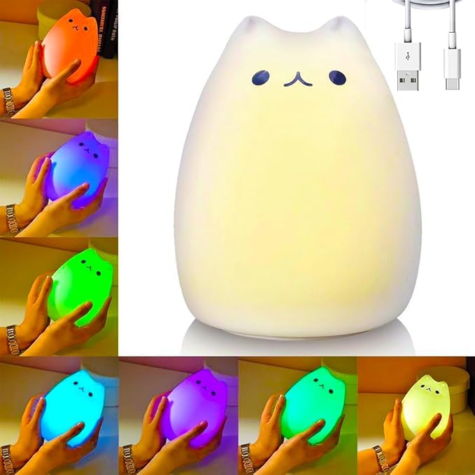 Litake Kitty Night Light, USB Rechargeable Silicone Cute Cat Night Light for Kids Baby Children, 7-Color Changing LED Cat Lamp Nursery Nightlights for Kids Bedroom (Celebrity)