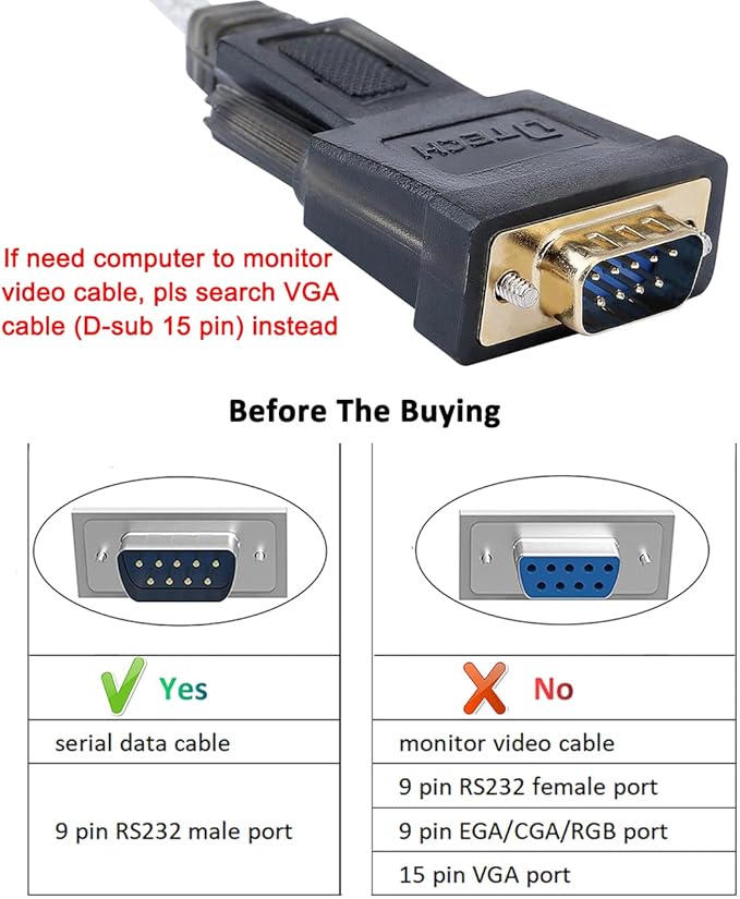 DTECH Serial Cable to USB Adapter DB9 Male RS232 Port Supports Windows 11 10 8 7 Mac (6 Feet, PL2303)