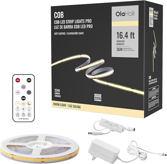 16.4ft COB LED Strip Light with Remote, 3000K Dimmable Bright Warm White Led COB Strip Light, White Continuous Led Strip Light for Mirror, Stair, Cabinet, Room