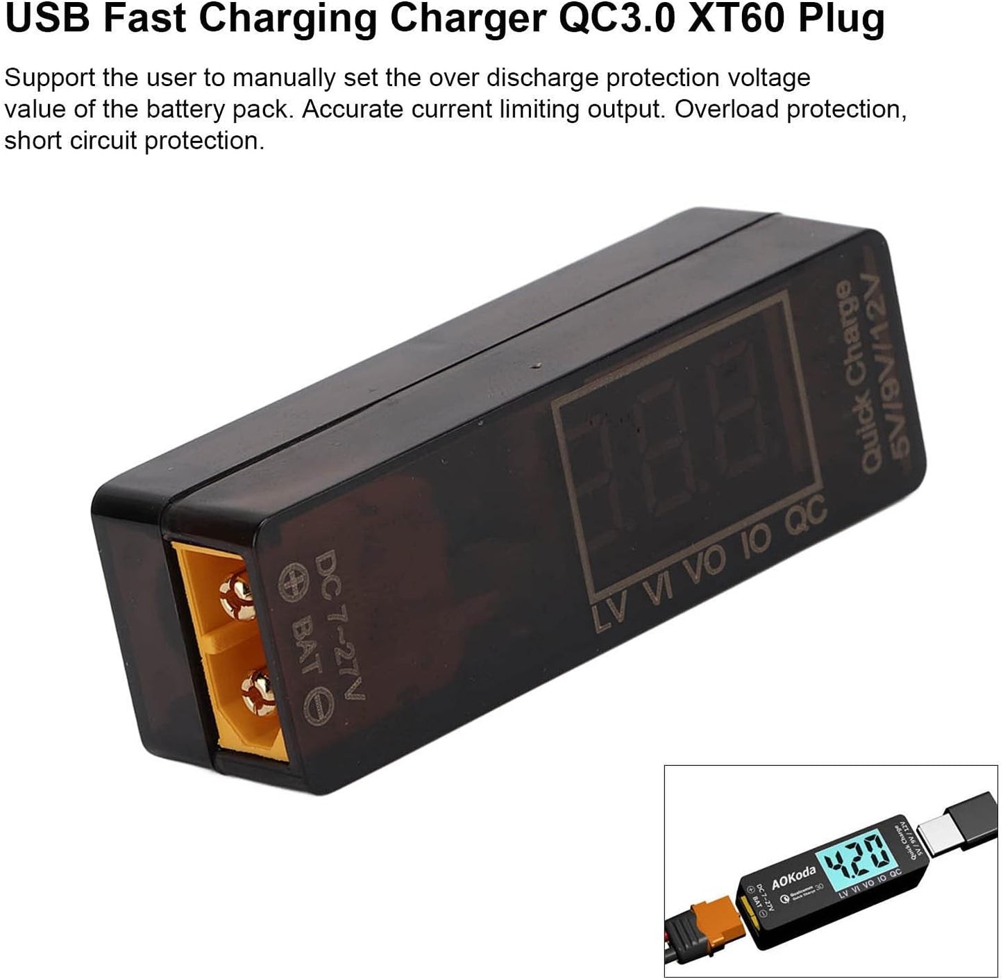 QC3.0 USB Overload Short Circuit Adapter, XT60 to USB QC3.0 Model Car Accessories for Efficient Charging