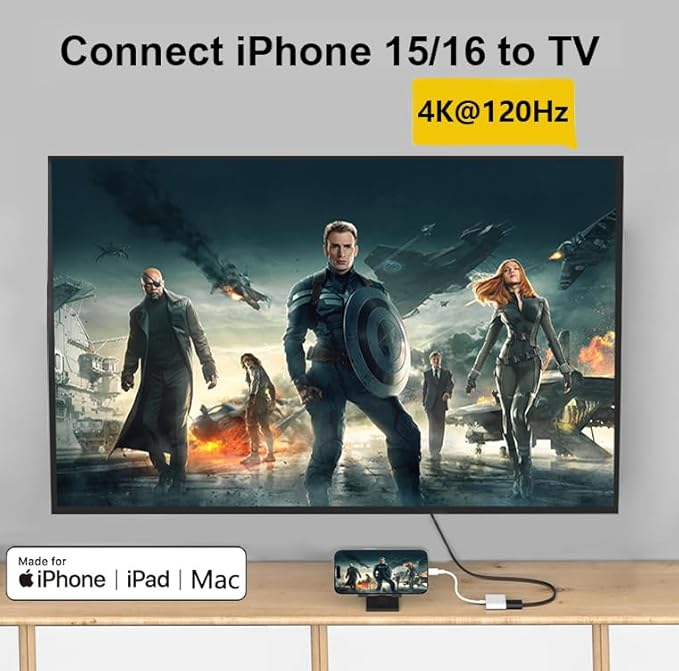 Apple USB-C to HDMI Adapter 4K@120Hz for iPhone 15 16 17 to TV, MFi Certified Type-C to HDMI 2.3 Dongle Cord with 100W Fast Charging Port for MacBook Pro/Air, iPad Pro, iMac, Galaxy S25/S24 and More