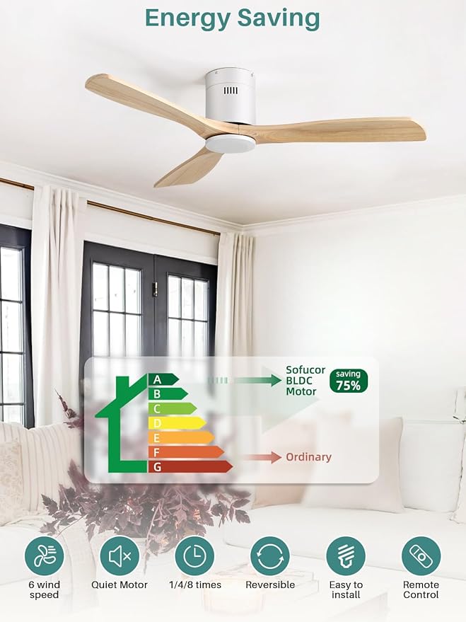 Sofucor 52 Inch Smart Ceiling Fan Without Light Flush Mount Solid Wood Ceiling Fan with Alexa/Google/APP/Remote Control-Modern Outdoor Ceiling Fans No Light for Bedroom/Patio/Indoor,Natural Wood&White