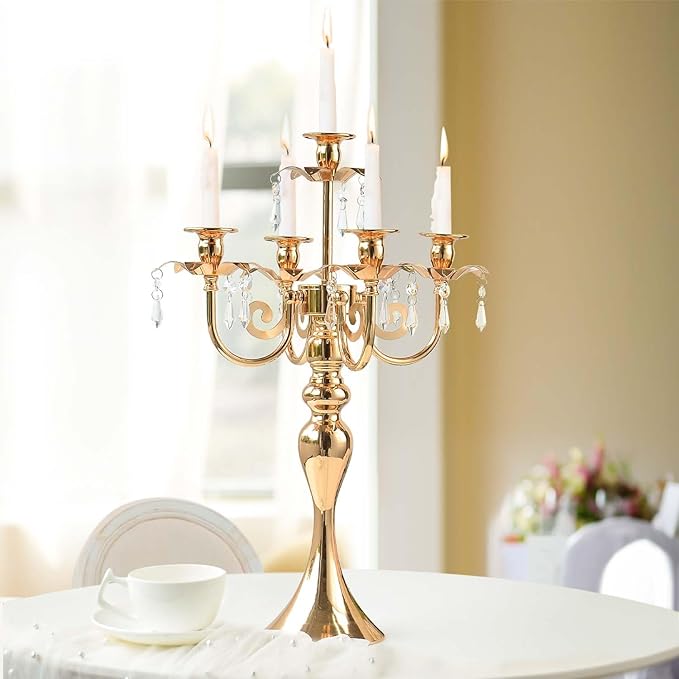 20.3'' Tall 5 Arm Candelabra Centerpiece for Table, Metal Elegant Candle Holder, Retro Candlestick Table Centerpieces for Party, Events, Home, Wedding Decor (4, Gold)