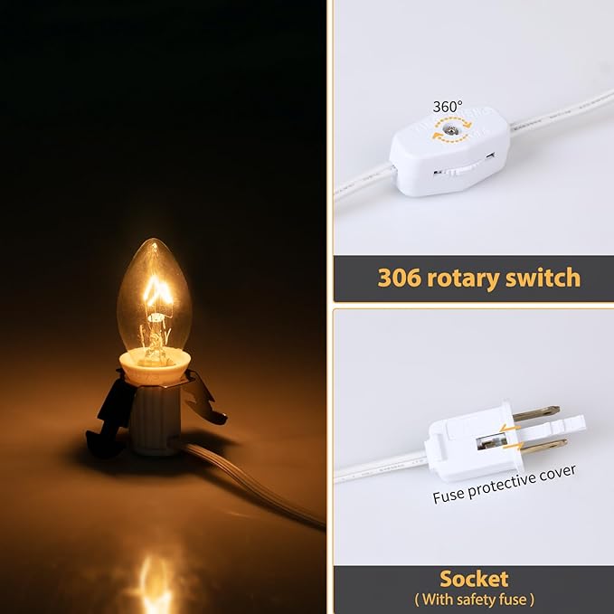 Accessory Cord with One Clear Light Bulb, 6 Feet UL Listed White Cord with On and Off Switch Plugs - Perfect for Holiday Decorations and Craft Projects, 2 Pack