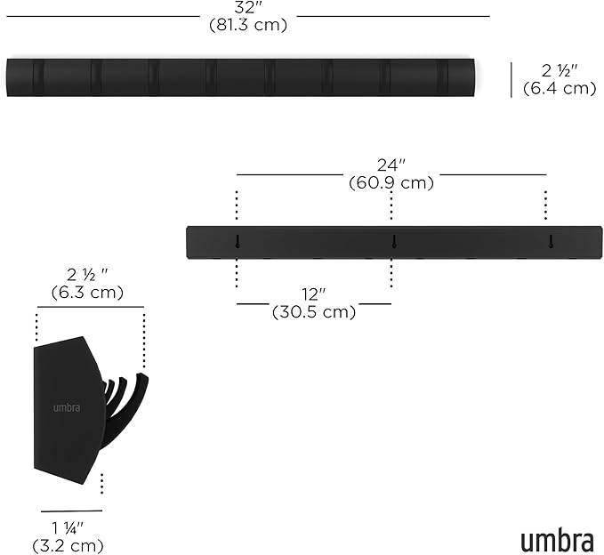 Umbra Flip 8 Hook Wall Mounted Coat Rack, Black