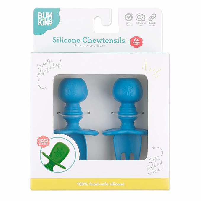 Bumkins Baby Utensils Set, Chewtensils Silicone Spoons for Dipping, Self-Feeding, Baby Led Weaning, Trainer Learning, First Stage Eating, Soft Practice Fork and Spoon, Babies 6 Months, Dark Blue