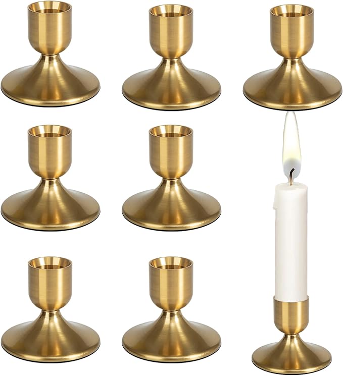 8Pcs Gold Candle Holders Metal Taper Candlesticks Holders Short Skinny Brass Candlestick Holders Candlestick Holders Bulk for Wedding Thanksgiving Centerpieces Christmas Birthday Party Holiday (8)