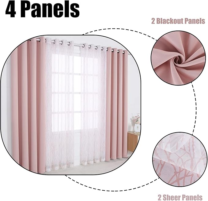 BONZER Mix and Match Curtains - 2 Pieces Branch Print Sheer Curtains and 2 Pieces Blackout Curtains for Bedroom Living Room Grommet Window Drapes, 54x95 Inch/Panel, Blush, Set of 4 Panels