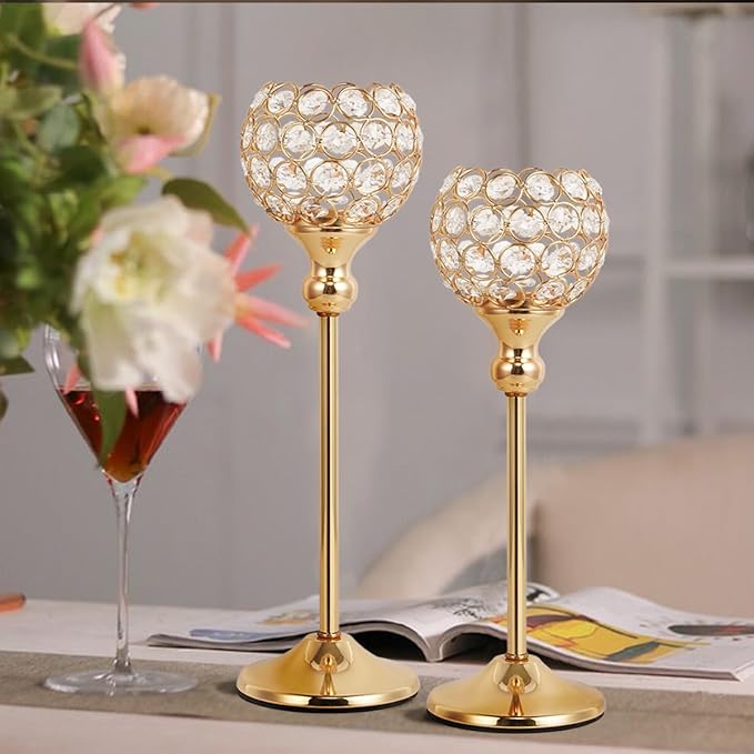 VINCIGANT 16PCS Gold Crystal Candle Holders Pillars for Wedding Decoration,Votive Crystal Candle Holders for Dinner Table Room Party Rhinestone Decorative