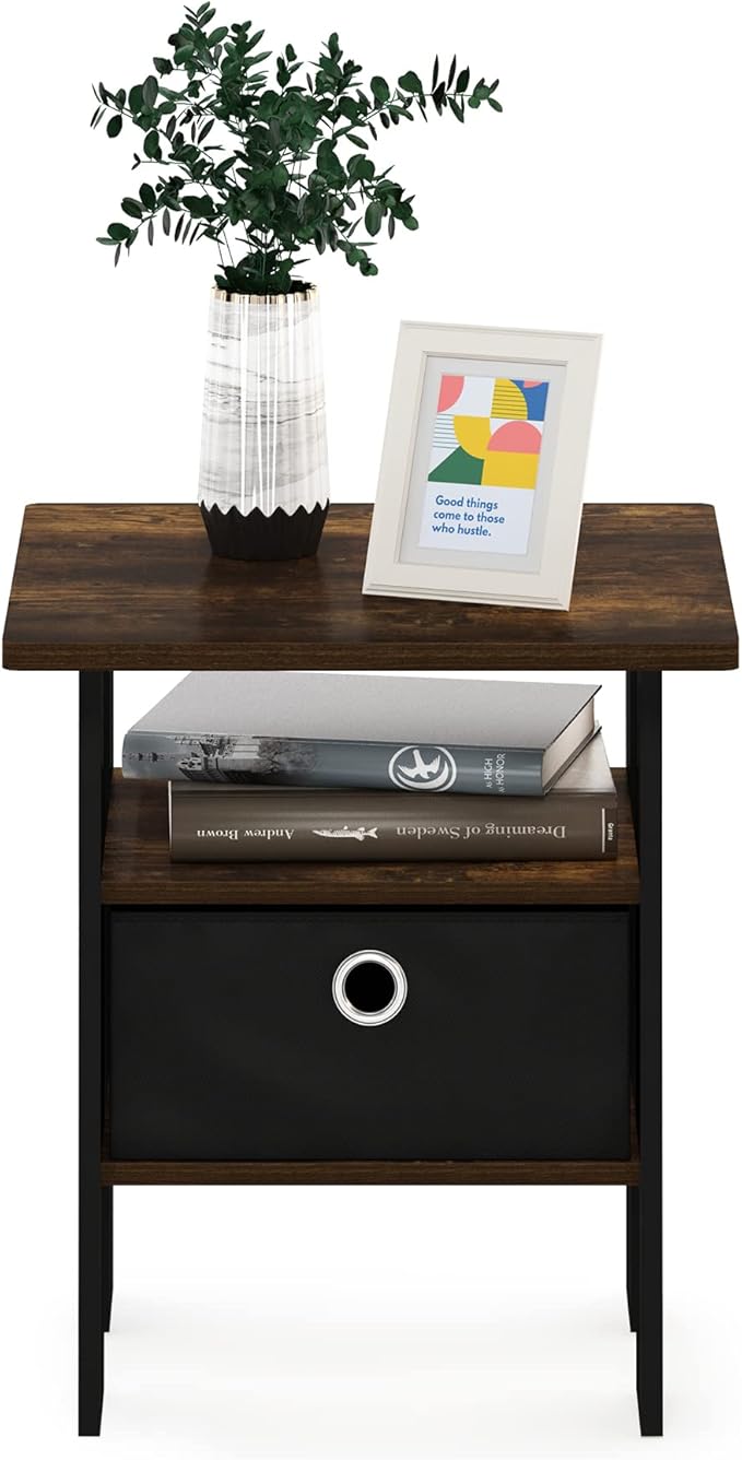 Furinno ANDREY Side Table, End Table, Night Stand with Open Shelves and Storage Bin, Bedside Table, for Living Room, Bedroom, Amber Pine