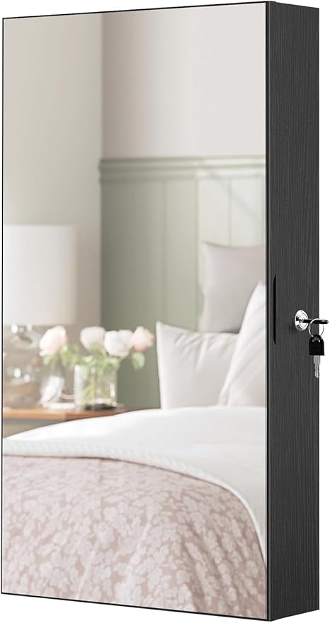 SONGMICS Mirror Jewelry Cabinet Armoire with Built-in LED Lights, Wall or Door Mounted Jewelry Storage Organizer, 3.8 x 14.6 x 26.4 Inches Hanging Mirror Cabinet, Gift Idea, Black UJJC050B01