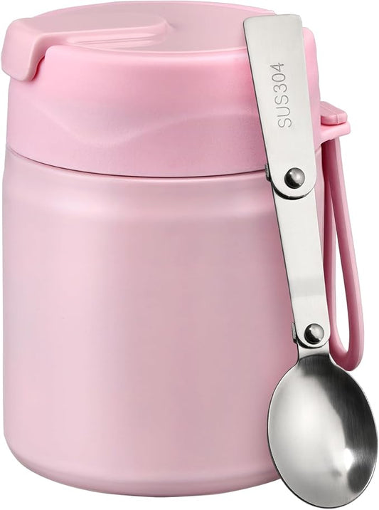 17oz Soup Thermo for Hot Food Kids Insulated Vacuum Food Jar with Stainless Steel Spoon Wide Mouth Thermo Leakproof Lunch Food Container Kids Hot Lunch Box (Pink)