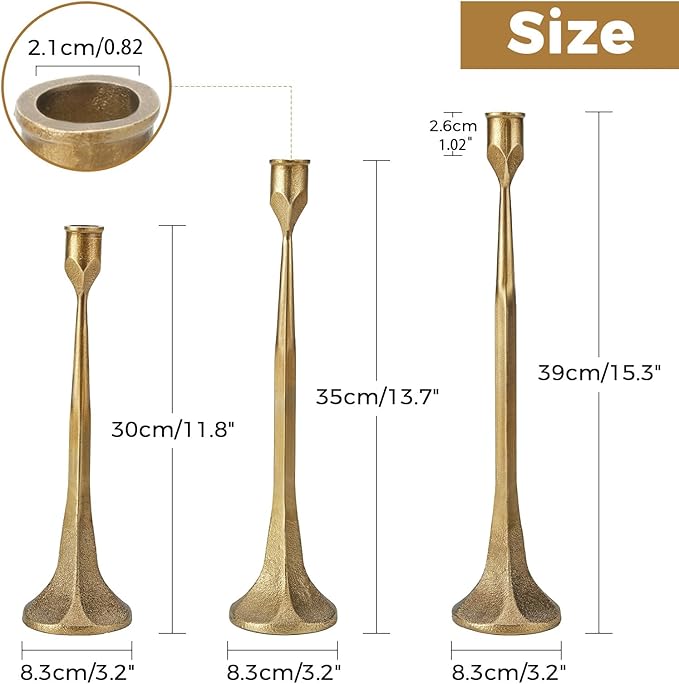 Gold Taper Candle Holder 3-Pack - Elegant Candlestick Holders for Wedding, Table, Party Decor - Holds 3/4 inch Taper Candles