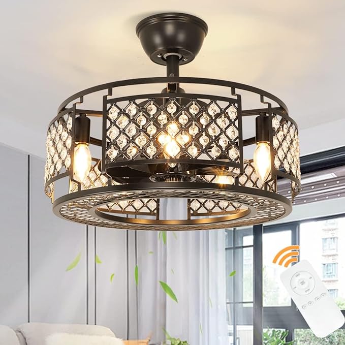 DLLT Caged Ceiling Fans with Lights: 18" Bladeless Industiral Fandelier with Light for Bedroon Living Dining Room - Black Crystal Ceiling Fan with Remote - Modern Chandelier with Fan Kitchern