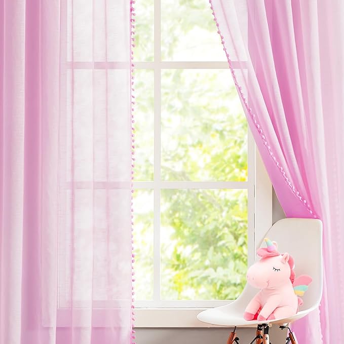 Treatmentex Pom-Pom Sheer Curtains for Bedroom 84 inches Linen Textured Look Pink Sheer Window Draperies for Girl's Room, 52" w x 2 Panels, Red, Rod Pocket