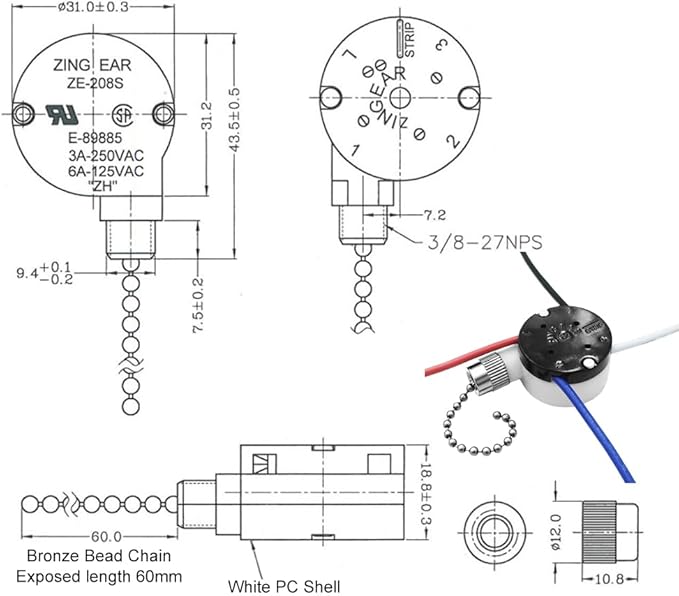 Ceiling Fan Pull Chain Switch Zing Ear ZE-208s E89885,3 Speed 4 Wire Pull Chain Fan Light Switch with 4 Pre-Installed Wires Fit for Harbor Breeze Fans Replacement Part (Nickel)