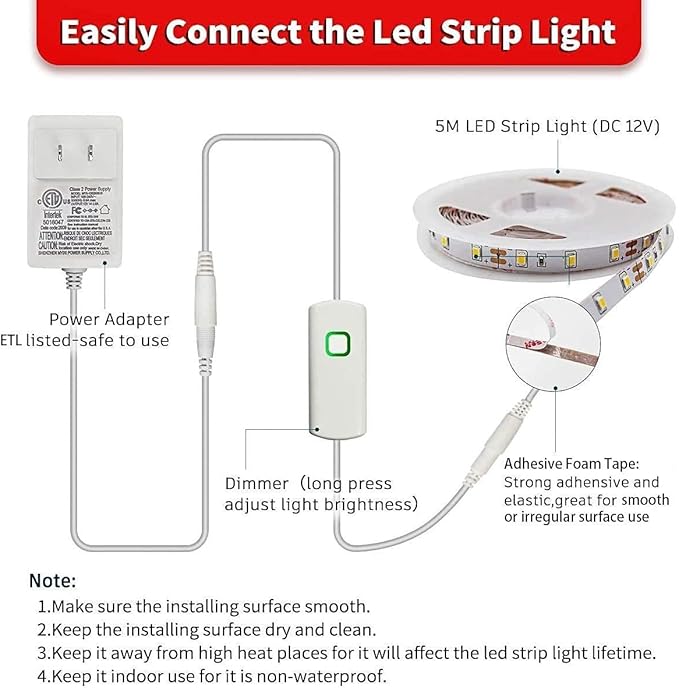 MY BEAUTY LIGHT White LED Strip Lights,16.4ft Dimmable LED Light Strip,12v Flexible LED Rope Lights Kits for Kitchen Cabinet Mirror Bedroom Party Decor